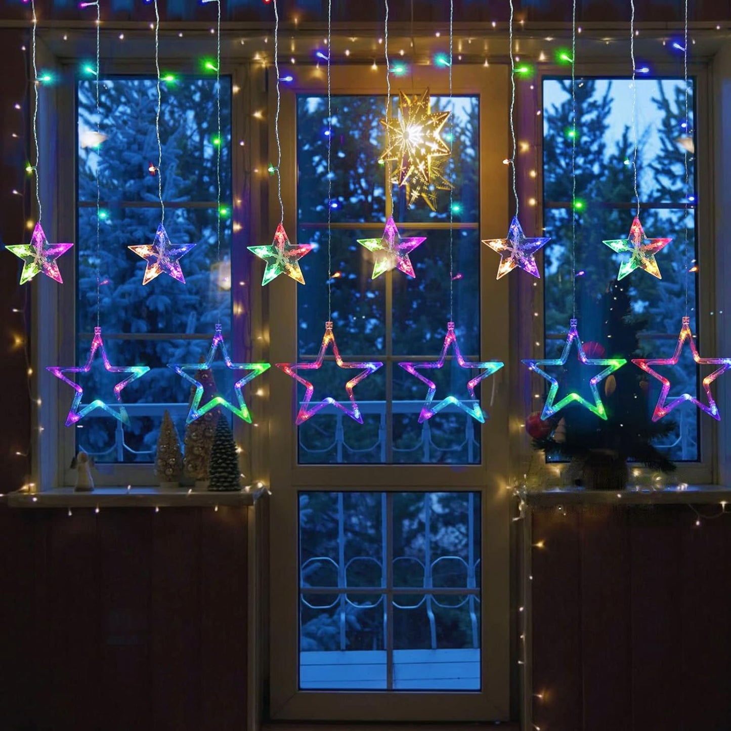 Star Curtain Lights 12 Stars 138 LED Multicolor Christmas Window Lights,Curtain String Lights Wall Decor Plug in for Inoor Outdoor with 8 Modes,Waterproof Hanging Wall Lights for Christmas Decorations