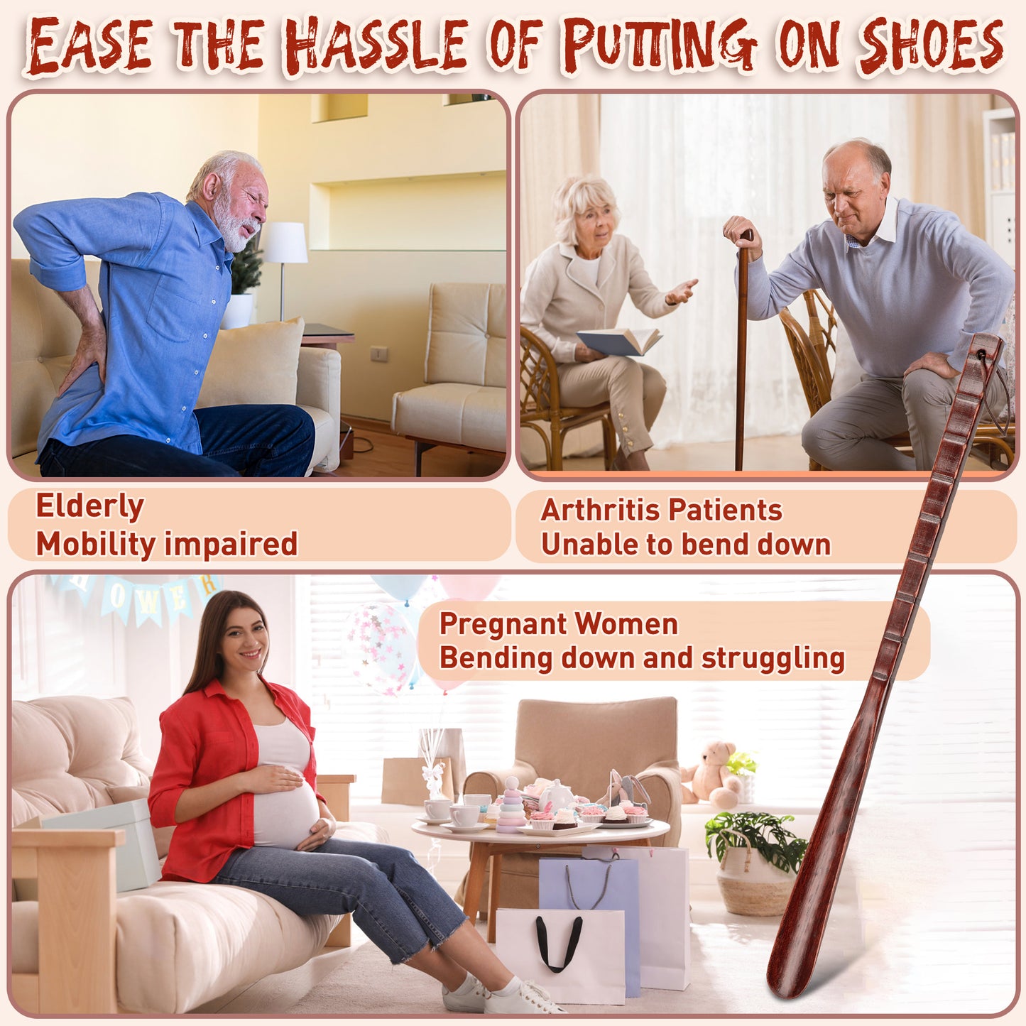54CM Long Handle Wooden Shoe Horn – Durable & Flexible Shoe Lifter for Seniors & Home Use
