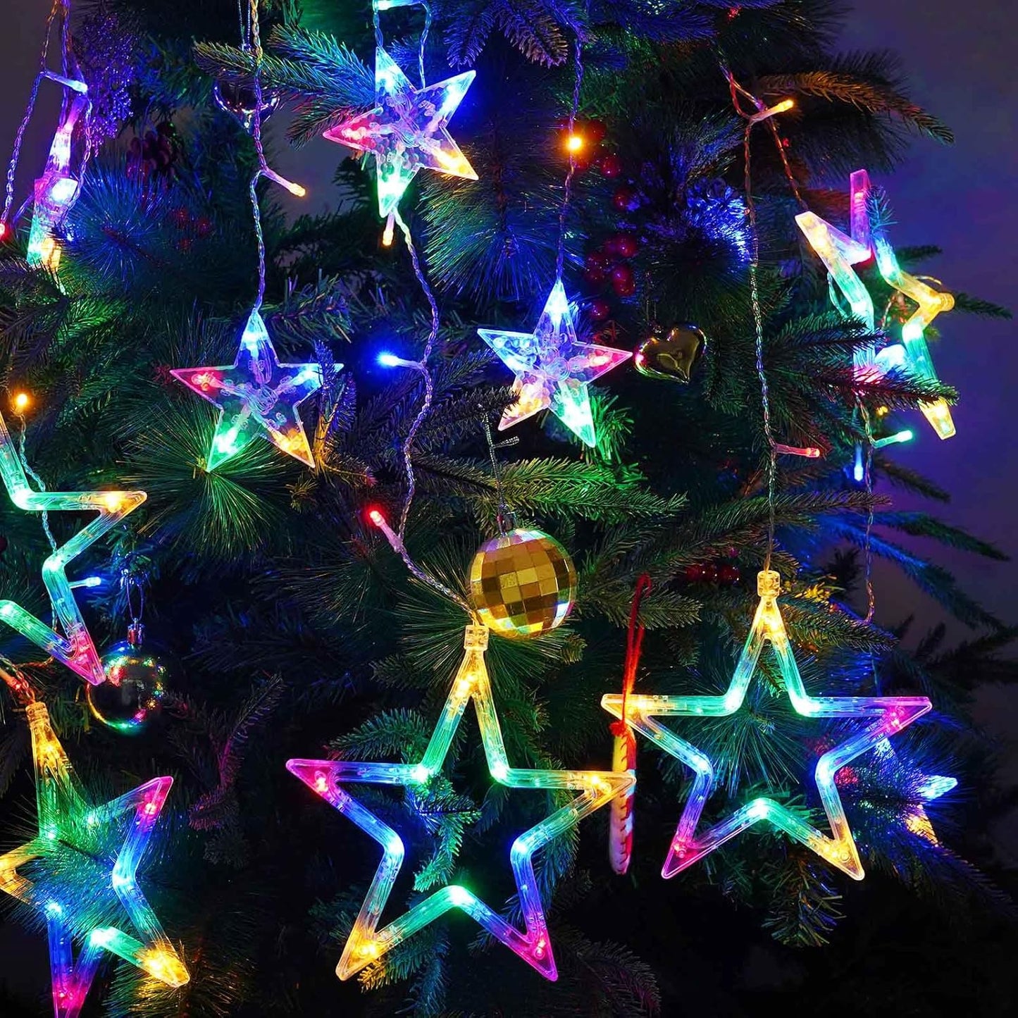 Star Curtain Lights 12 Stars 138 LED Multicolor Christmas Window Lights,Curtain String Lights Wall Decor Plug in for Inoor Outdoor with 8 Modes,Waterproof Hanging Wall Lights for Christmas Decorations