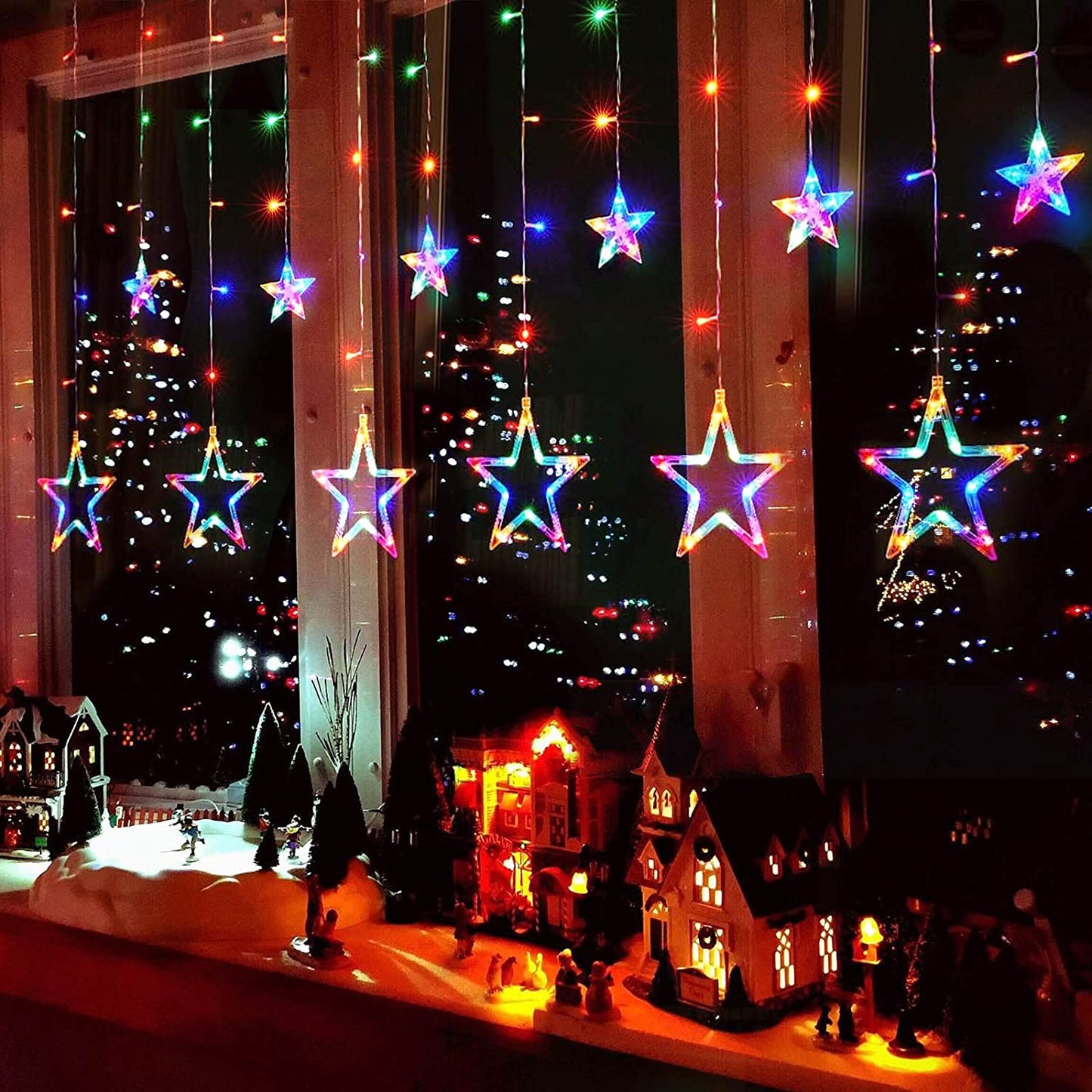 Star Curtain Lights 12 Stars 138 LED Multicolor Christmas Window Lights,Curtain String Lights Wall Decor Plug in for Inoor Outdoor with 8 Modes,Waterproof Hanging Wall Lights for Christmas Decorations