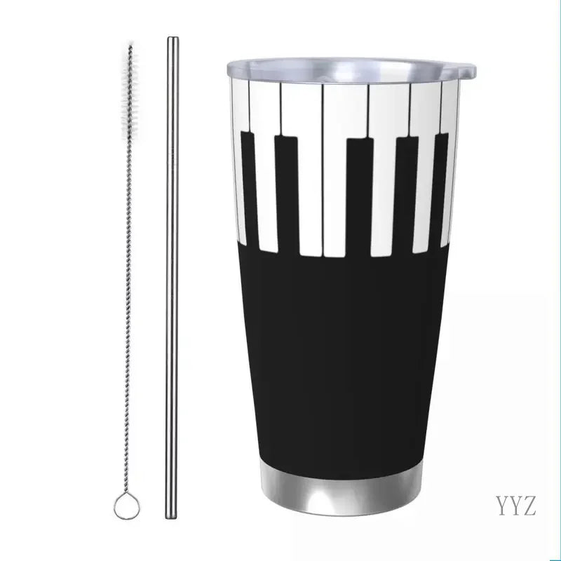 Piano Keyboard Art Insulated Tumbler with Straws Music Musical Vacuum Thermal Mug Outdoor Travel Thermos Bottle Cups, 20oz