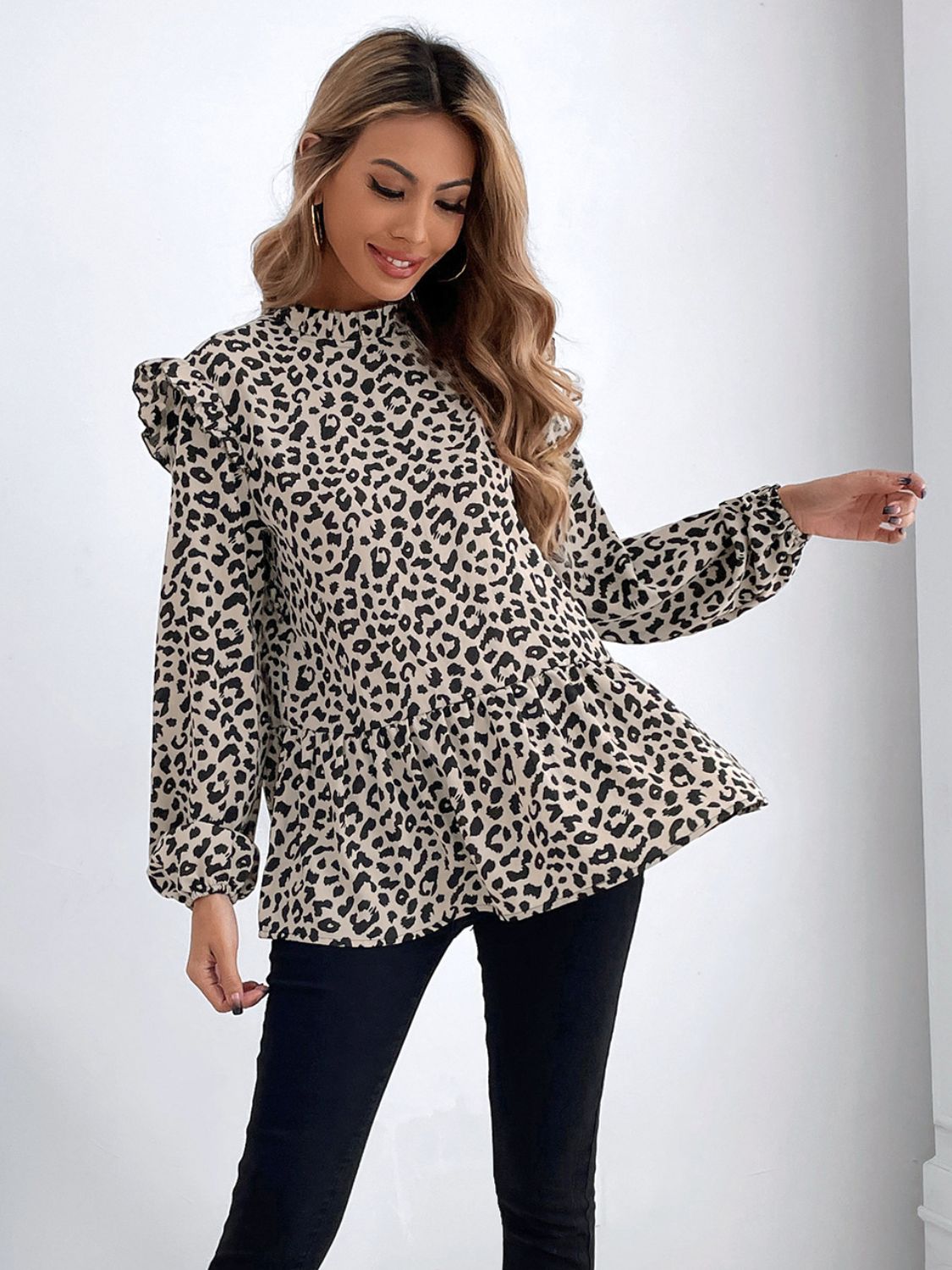 Ruffled Leopard Mock Neck Long Sleeve Blouse