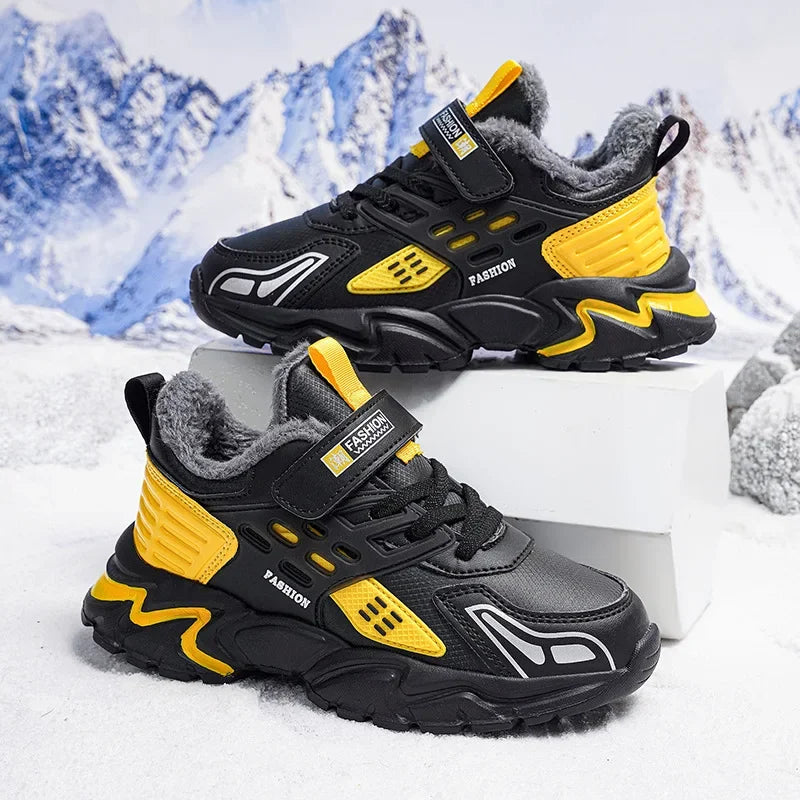 Winter Children Outdoor PU Upper Plush Warm Shoes Girls Fashion Kids Jogging Sneakers Toddler Snow Boots Boys Walking Trainers