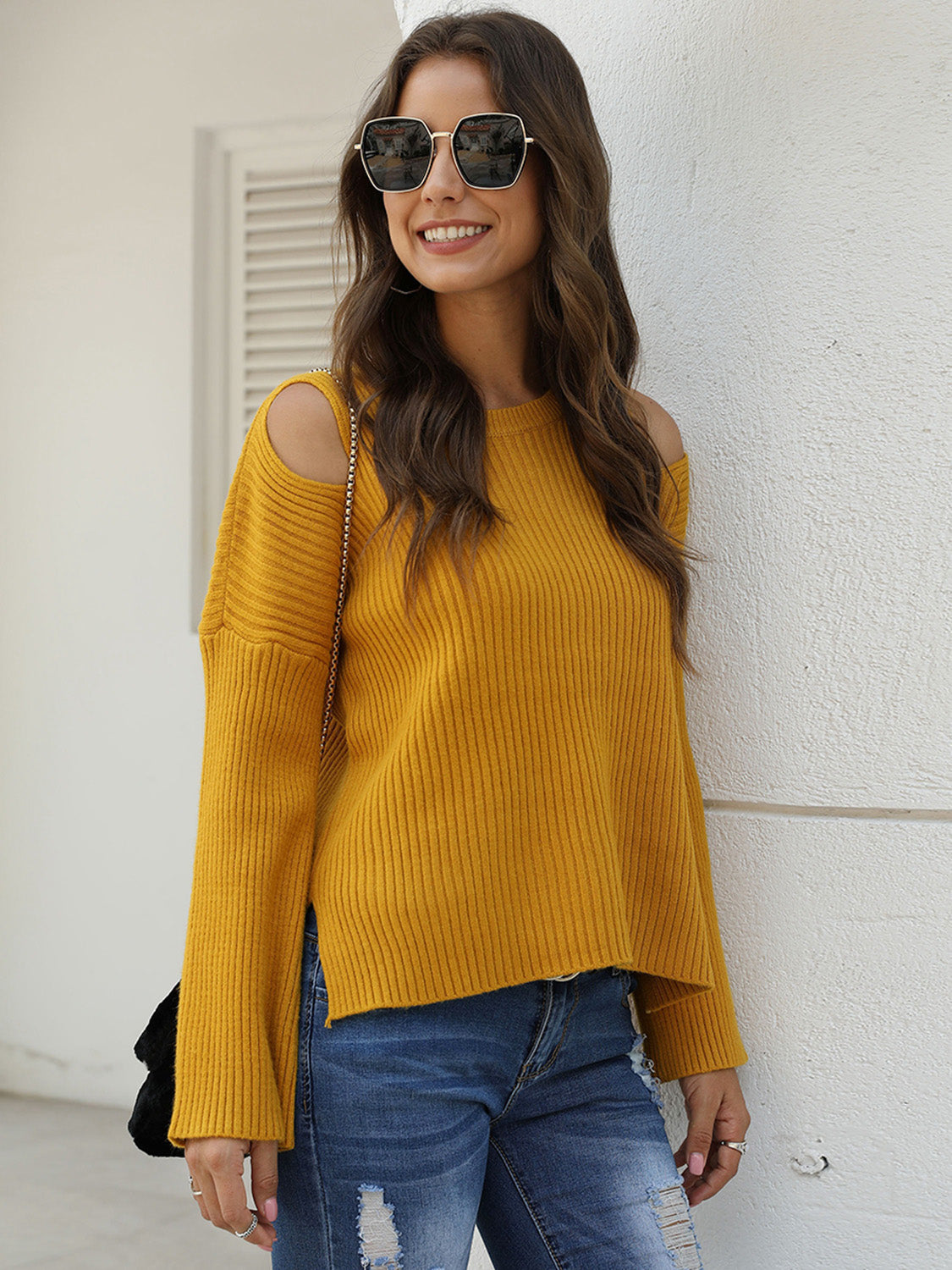 Shiny Ribbed Round Neck Cold Shoulder Knit Top