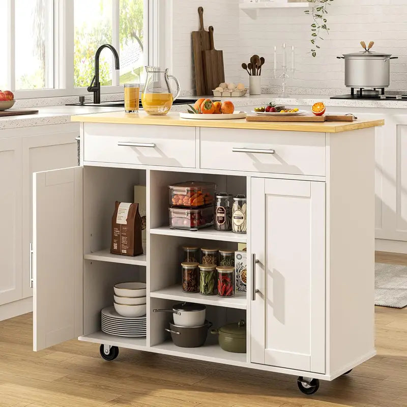 Kitchen Island Cart with Storage - Rolling Butcher Block Table, Portable Mobile Counter on Wheels, Drop Leaf Design