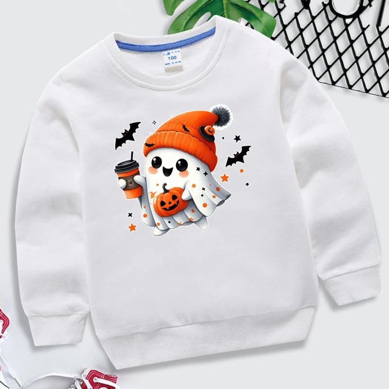 New Boys Girls Halloween Sweatshirts Kawaii Ghost Pumpkin Bat Coffee Print Long Sleeves Pullovers Autumn Cartoon Kids Clothing