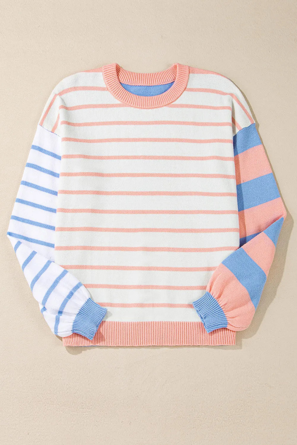 Contrast Striped Round Neck Long Sleeve Sweater