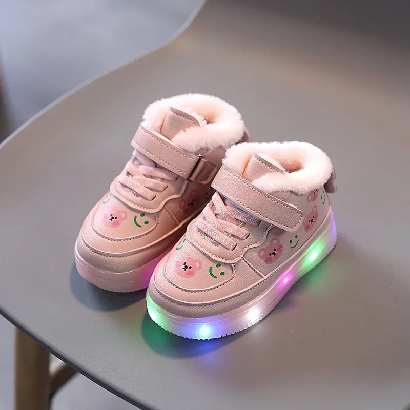 Children Cotton Shoes for Girls Led Lighted Plush Board Shoes Winter Non-slip High Top Sports Shoes Luminous Kids Casual Sneaker