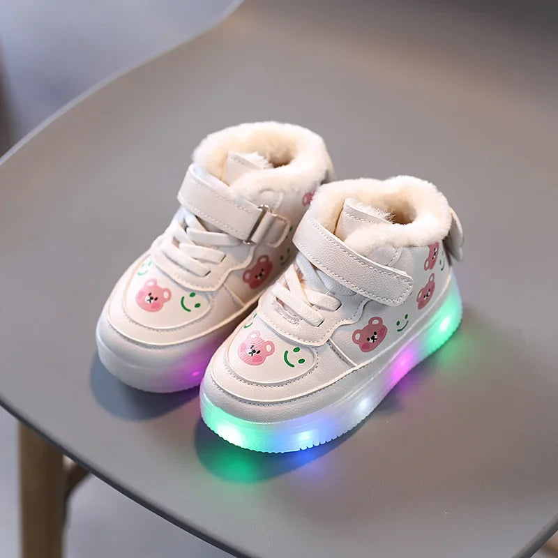 Children Cotton Shoes for Girls Led Lighted Plush Board Shoes Winter Non-slip High Top Sports Shoes Luminous Kids Casual Sneaker