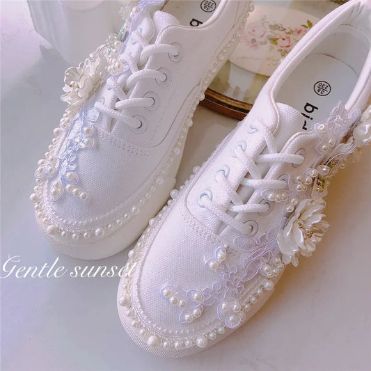 New Thick-Soled White Shoes Daisy Canvas Low-Top 3cm Internal Handmade Wedding Party White Lace Shoes Lace Sneaker