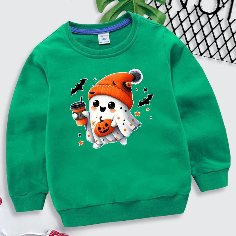 New Boys Girls Halloween Sweatshirts Kawaii Ghost Pumpkin Bat Coffee Print Long Sleeves Pullovers Autumn Cartoon Kids Clothing