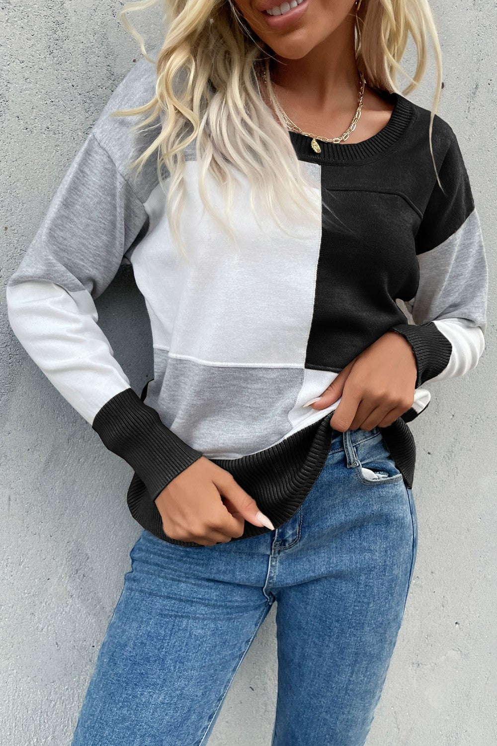 Perfee Color Block Ribbed Trim Round Neck Knit Pullover