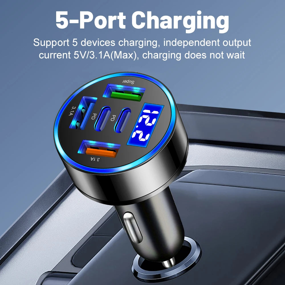 Car Charger 100W Support Super Fast Charging 5 in 1 Multi-port Voltage Car with Vehicle Digital Display Mobile Car Phone Adapter