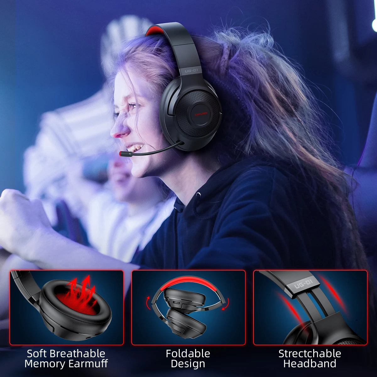 CINPUSEN UG-01 2.4G Wireless Gaming Headset Low Latency ENC Noise Cancelling HD Mic Bluetooth Wired Three Modes Gamer Headphones