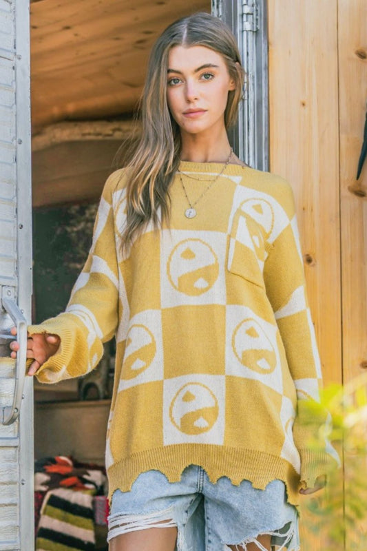 And The Why Checkerboard Sweater with Yin Yang Pattern