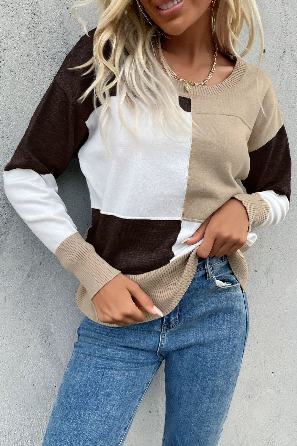 Perfee Color Block Ribbed Trim Round Neck Knit Pullover