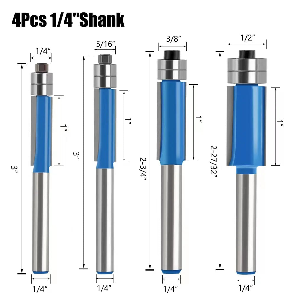 6 8 12MM 1/4′′ 1/2′′ SHANK Flush Trim Router Bit with 4 Blade Woodworking Milling Cutter for Wood BIT Router Bit Set Fresa New