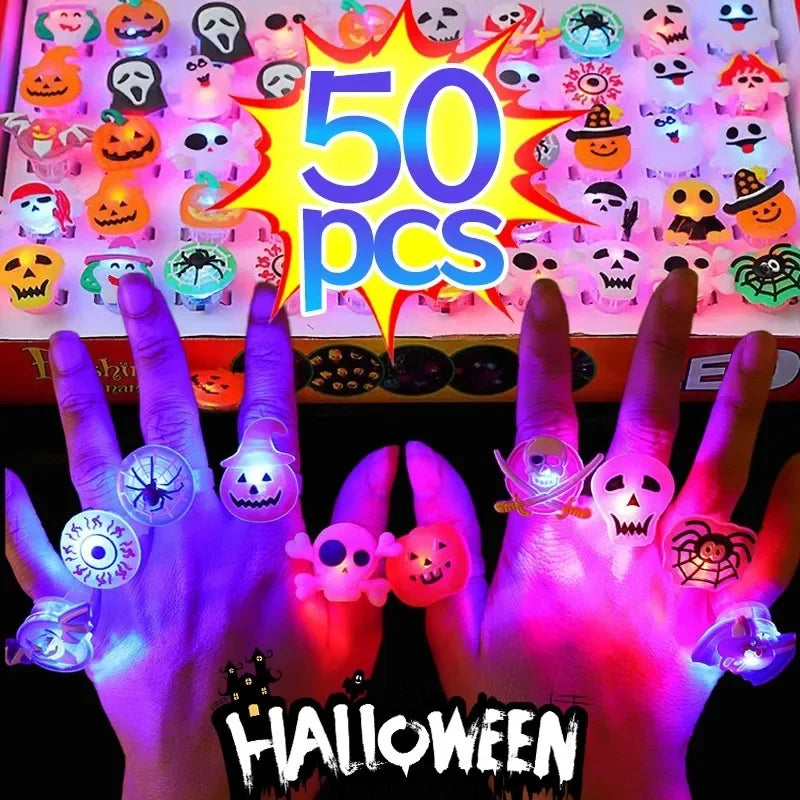 10/50Pcs Luminous Rings for Halloween Children Finger Rings Toys Creative Pumpkin Ghost Skull LED Lights Jewelry Party Gifts