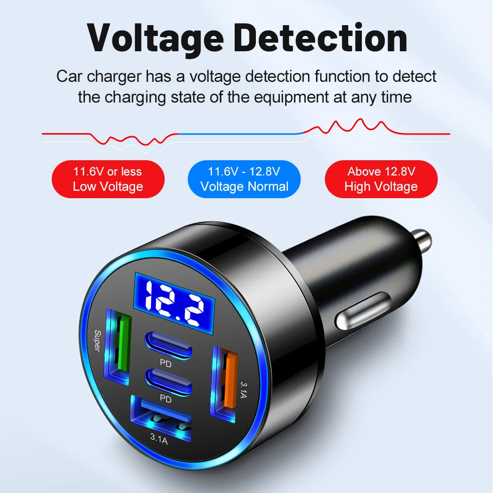 Car Charger 100W Support Super Fast Charging 5 in 1 Multi-port Voltage Car with Vehicle Digital Display Mobile Car Phone Adapter