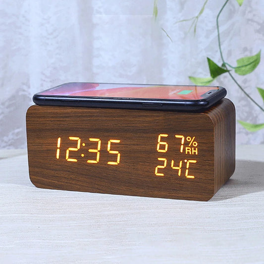 Digital Alarm Clock Temperature and Humidity Alarm Clock LED Electronic Clock Smartphone Wireless Charger (Brown)