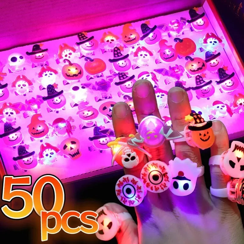 10/50Pcs Luminous Rings for Halloween Children Finger Rings Toys Creative Pumpkin Ghost Skull LED Lights Jewelry Party Gifts