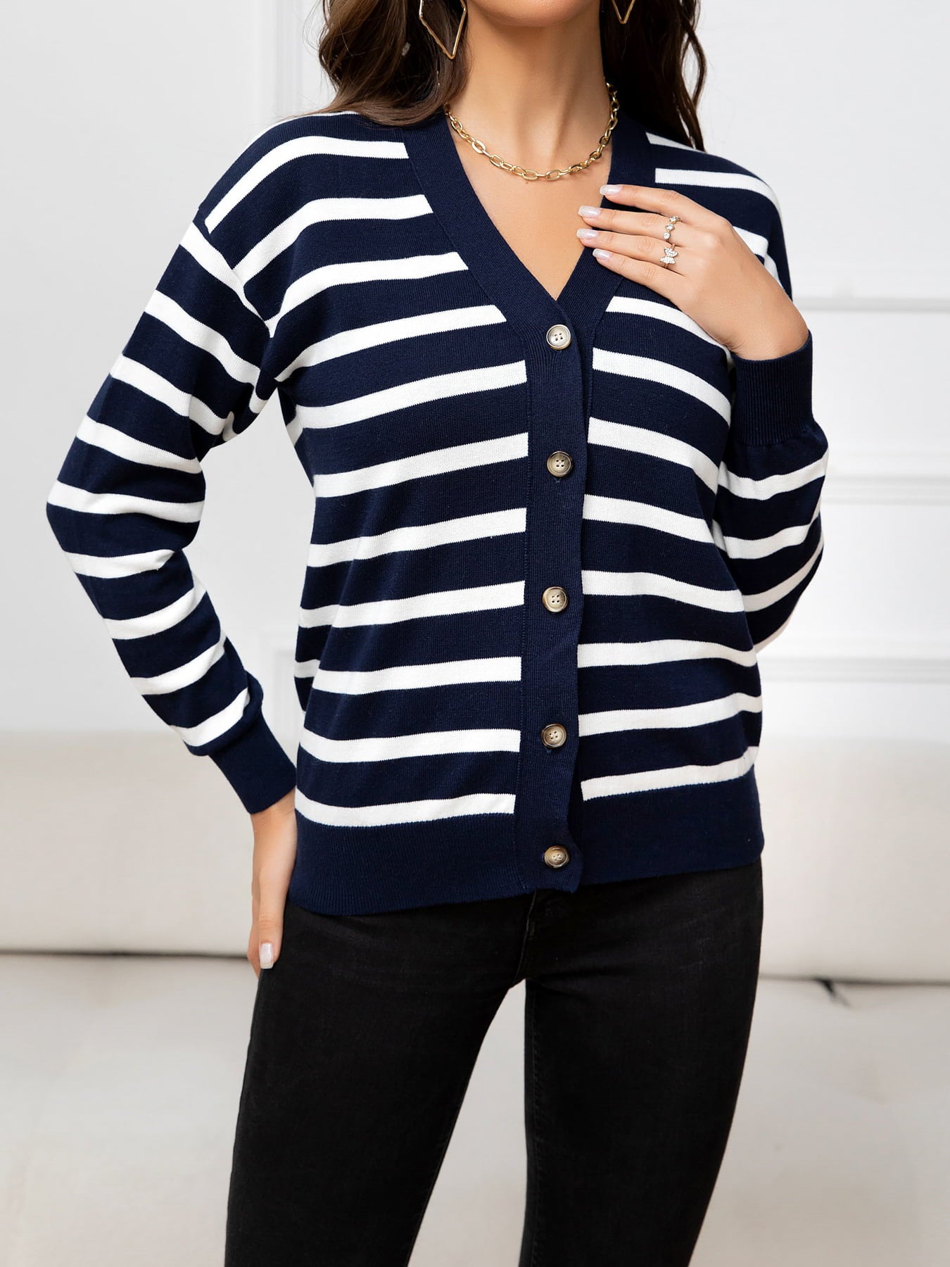 Striped Dropped Shoulder V-Neck Knit Top