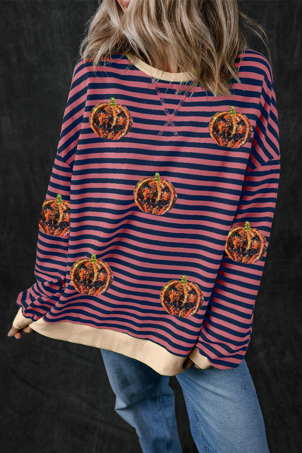 Pumpkin Striped Round Neck Long Sleeve Sweatshirt