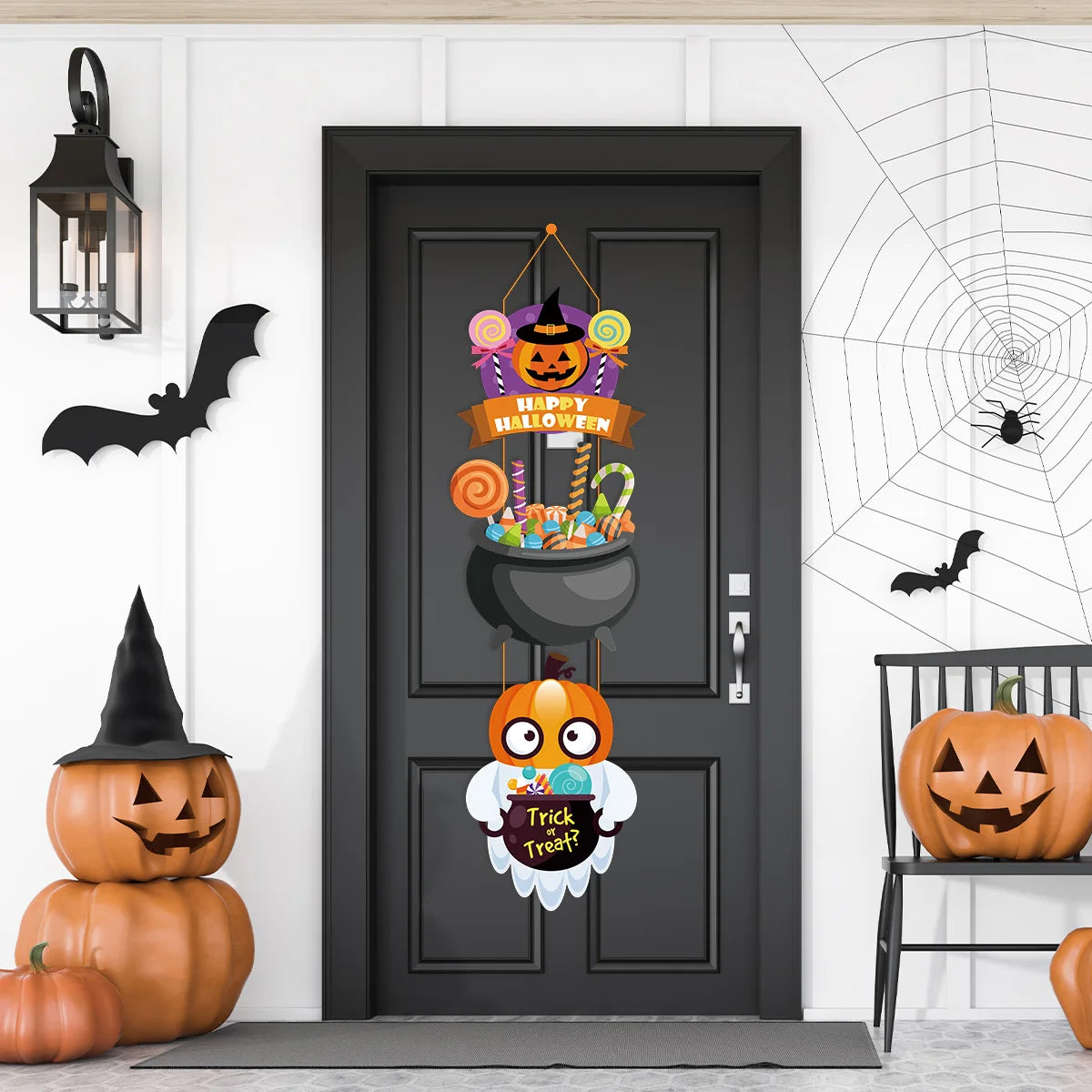 Halloween Pumpkin Door Hanging Banner Witch Ghost Bat Pattern Porch Sign Door Decor Halloween Decorations Outdoor Hanging Decor