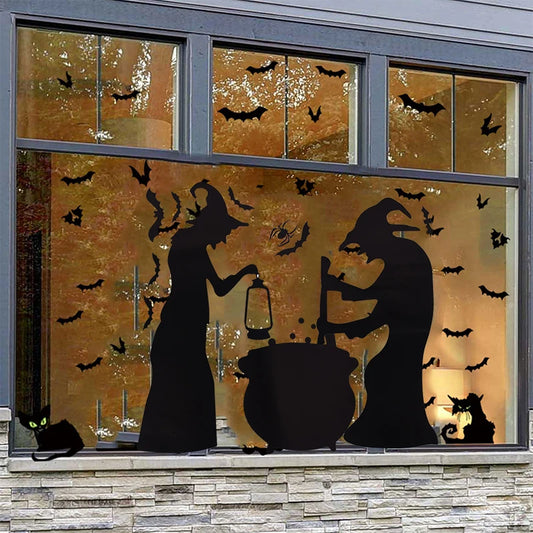 4pcs/set Halloween Witch Window Glass Stickers Horror Black Cat Spider Bat Wall Decal Happy Halloween party Home Wall Decor Prop