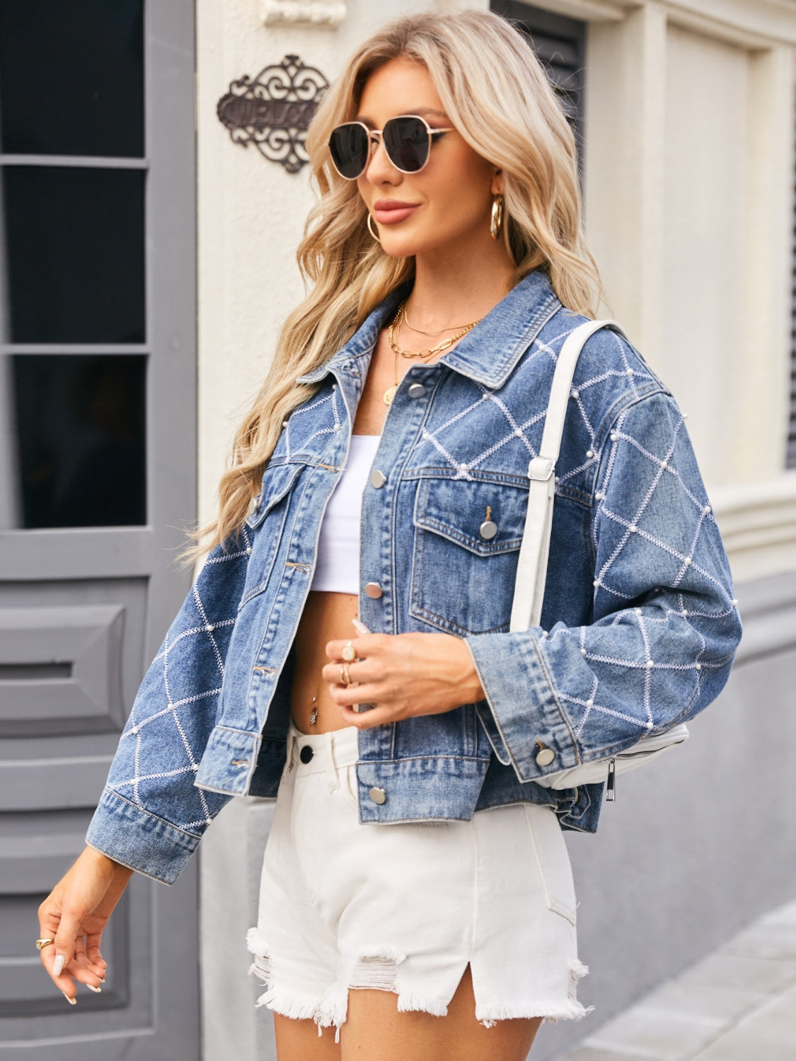 Pearl Trim Long Sleeve Denim Jacket