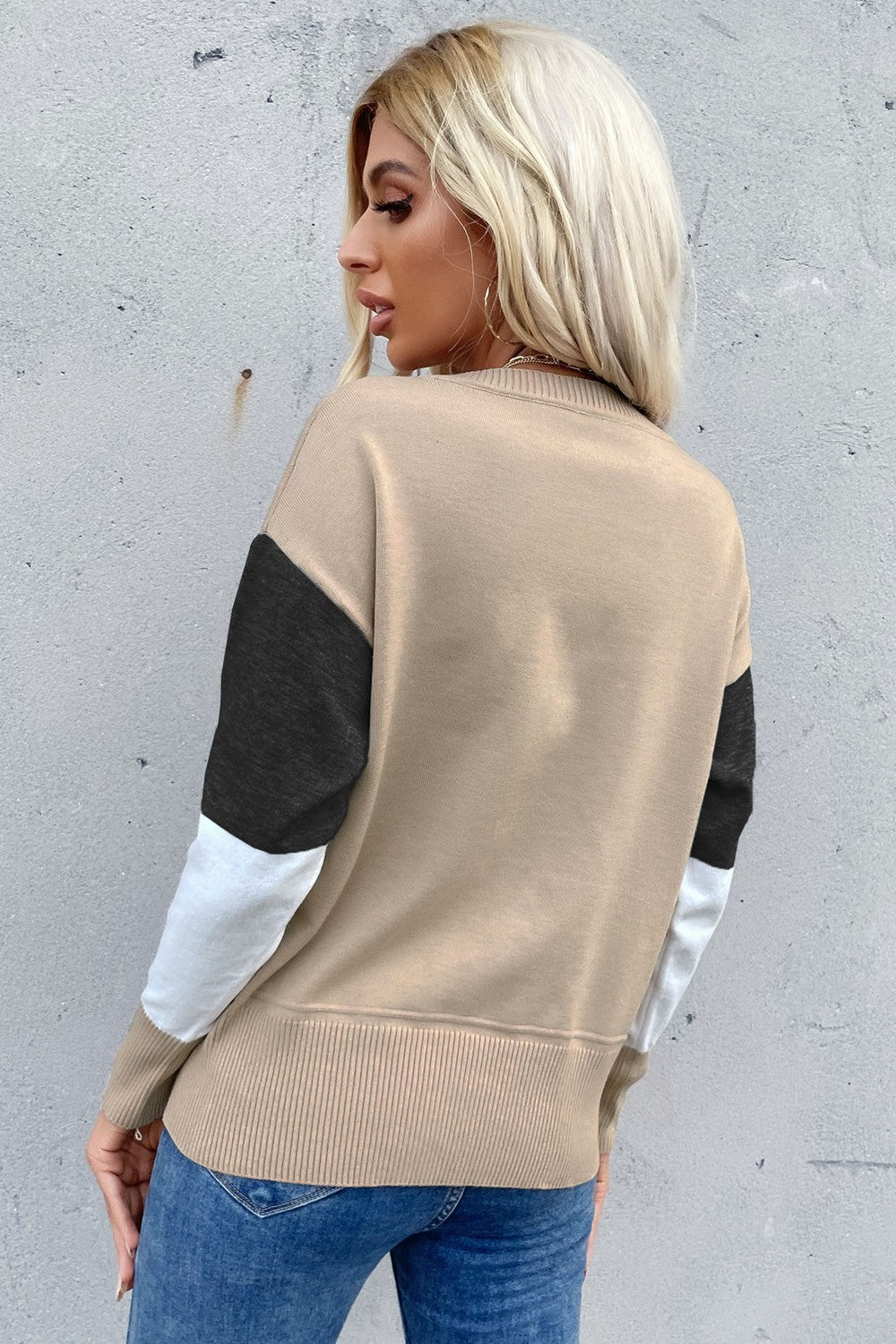 Perfee Color Block Ribbed Trim Round Neck Knit Pullover