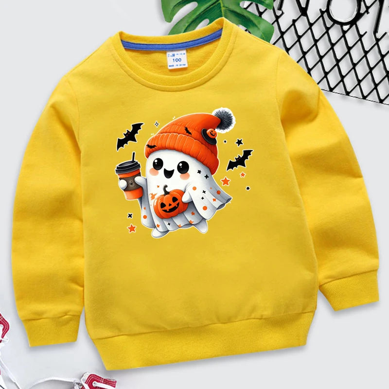 New Boys Girls Halloween Sweatshirts Kawaii Ghost Pumpkin Bat Coffee Print Long Sleeves Pullovers Autumn Cartoon Kids Clothing