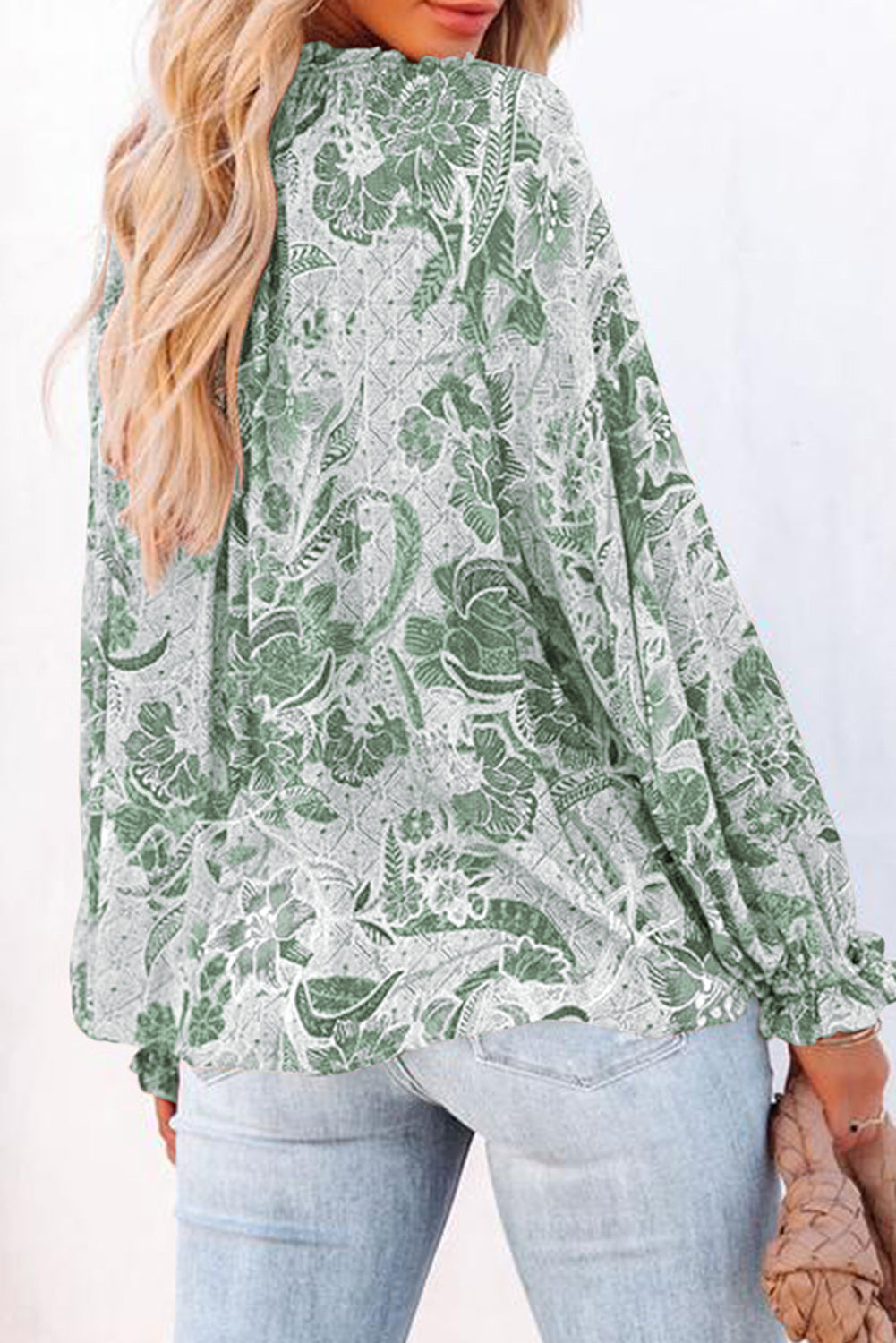 Floral Tie Neck Flounce Sleeve Blouse