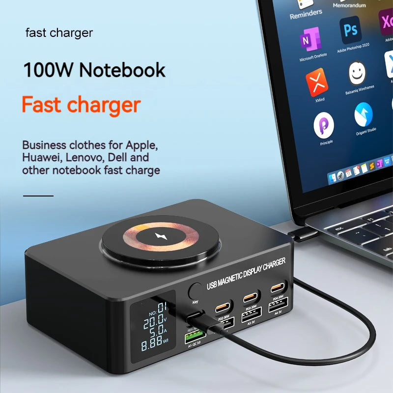 140W Multi 8 Port USB Charger With 15W Magnetic Wireless Charging PD 100WQC 3.0 LCD Display Station For Notebook Laptop Phone