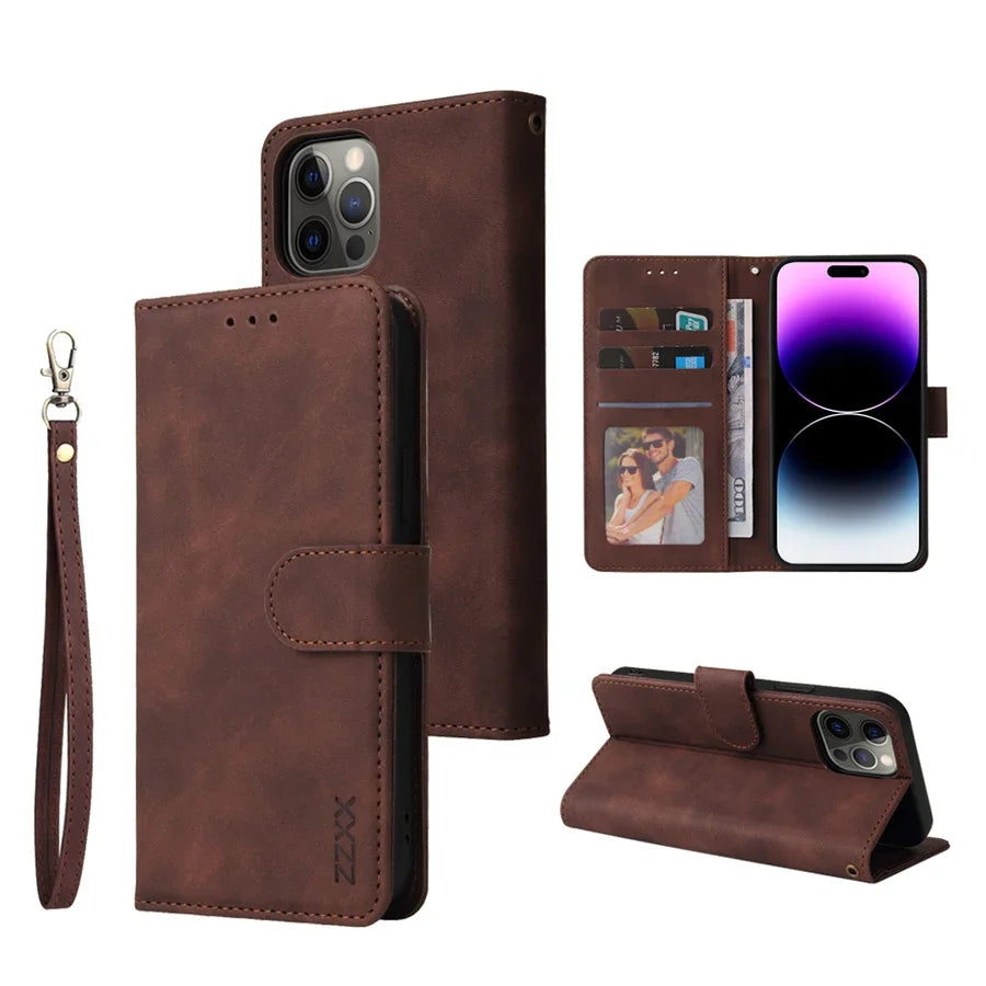 ZZXX Leather Wallet Phone Case For iPhone 15 Pro Max 14 13 Mini 12 11 XS XR X SE 2022 8 7 6 6s Plus Flip Card Slot Holder Cover