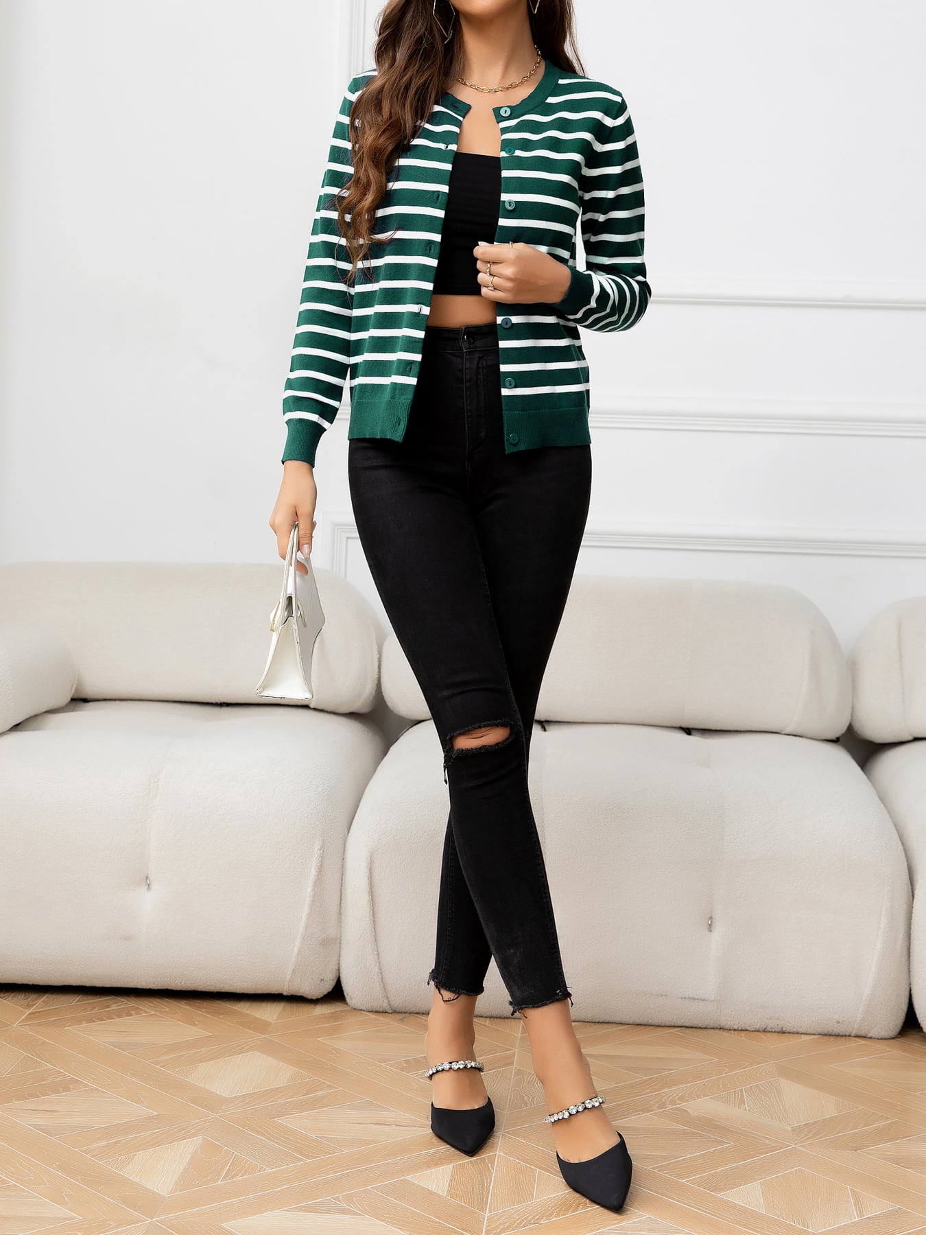 Striped Round Neck Long Sleeve Buttoned Knit Top