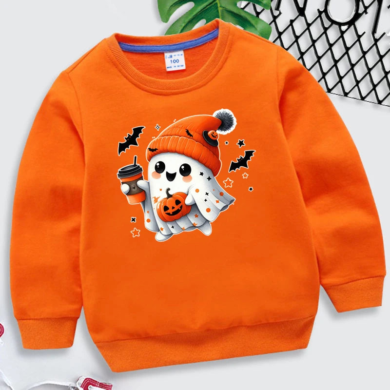 New Boys Girls Halloween Sweatshirts Kawaii Ghost Pumpkin Bat Coffee Print Long Sleeves Pullovers Autumn Cartoon Kids Clothing