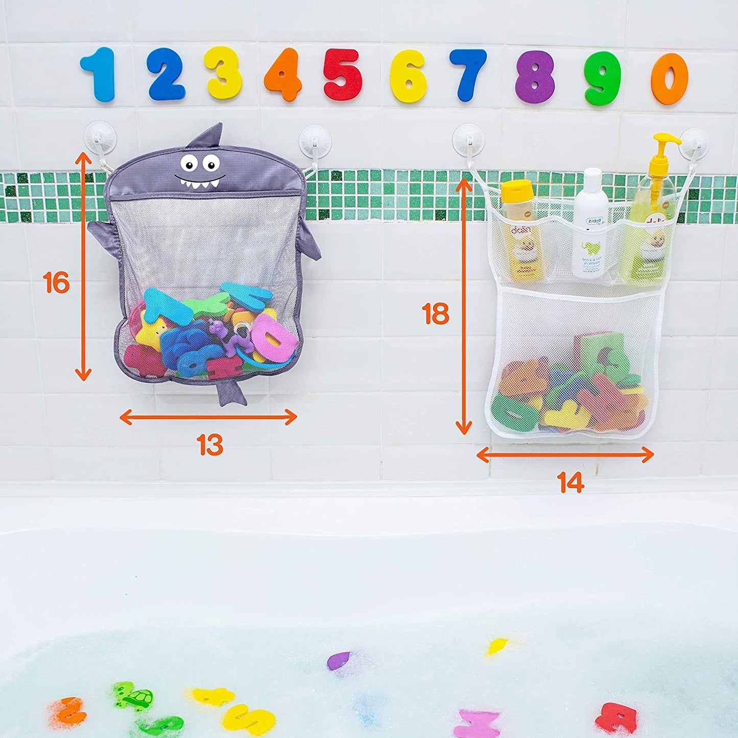 Baby Bath Toy Organizer - Shark (2 Bath Toy Storage Nets, 8 Toy Numbers & 10 Strong Hooks) – Great Bath Net for Kids – Cute Bathtub Toy Organizer and Bath/Shower Caddy Storage Solution