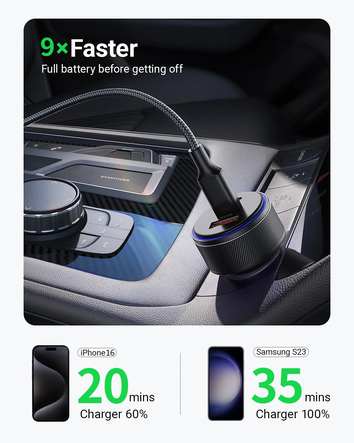 90W USB-C Car Charger, 3-Port Fast Charger with Dual USB-C & USB-A Ports, PD3.0 & QC3.0 Compatible for iPhone 16/15/14/13 Pro Max, iPad, MacBook, and More