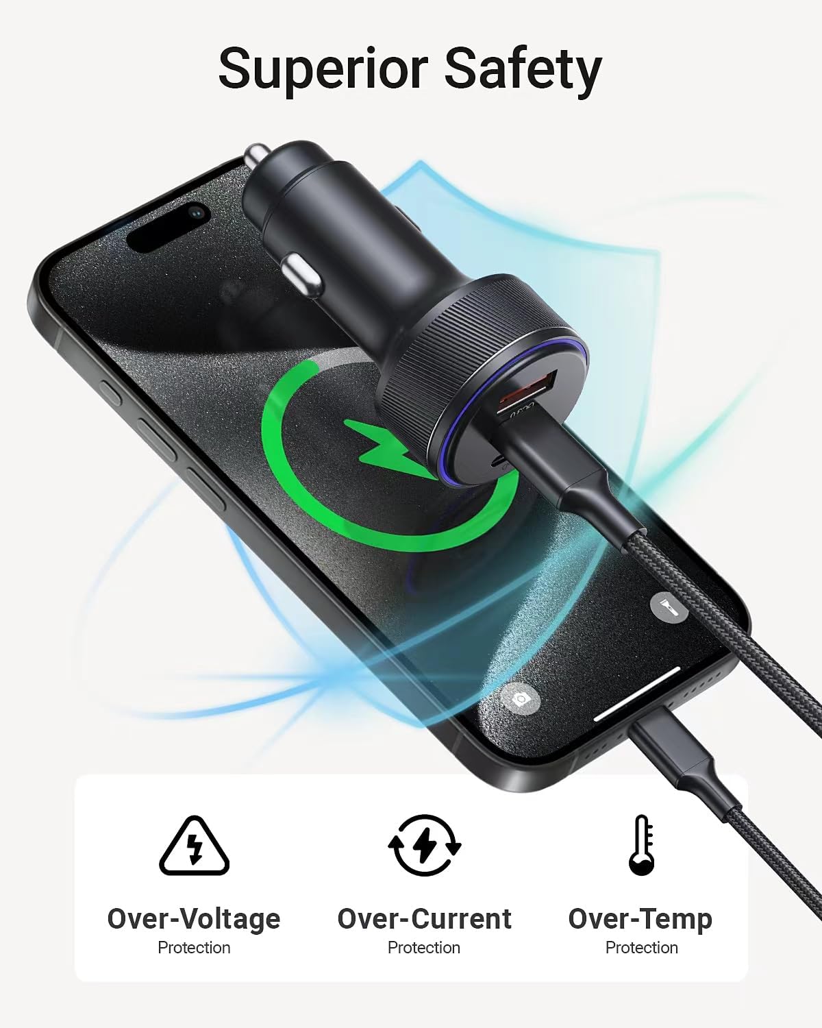 90W USB-C Car Charger, 3-Port Fast Charger with Dual USB-C & USB-A Ports, PD3.0 & QC3.0 Compatible for iPhone 16/15/14/13 Pro Max, iPad, MacBook, and More