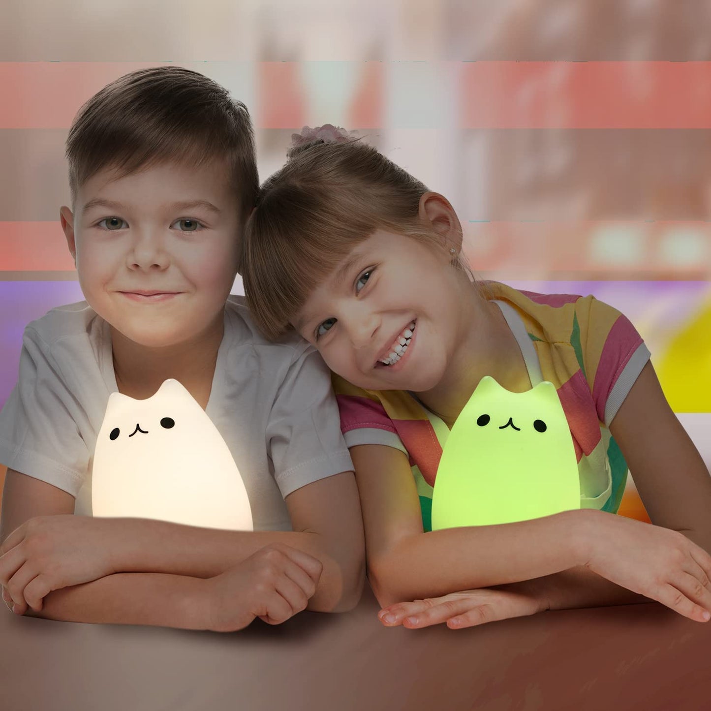 Rechargeable Cat Lamp - Remote Control Silicone Kitty Night Light for Kids, Toddlers, and Baby Girls, Cute Kawaii Design, White, 4-Piece Set