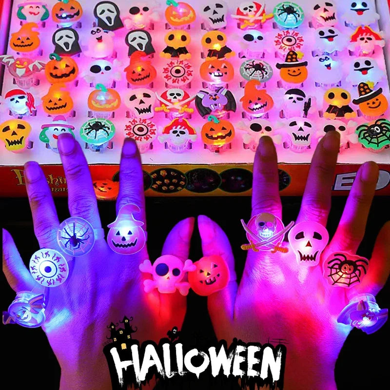 10/50Pcs Luminous Rings for Halloween Children Finger Rings Toys Creative Pumpkin Ghost Skull LED Lights Jewelry Party Gifts