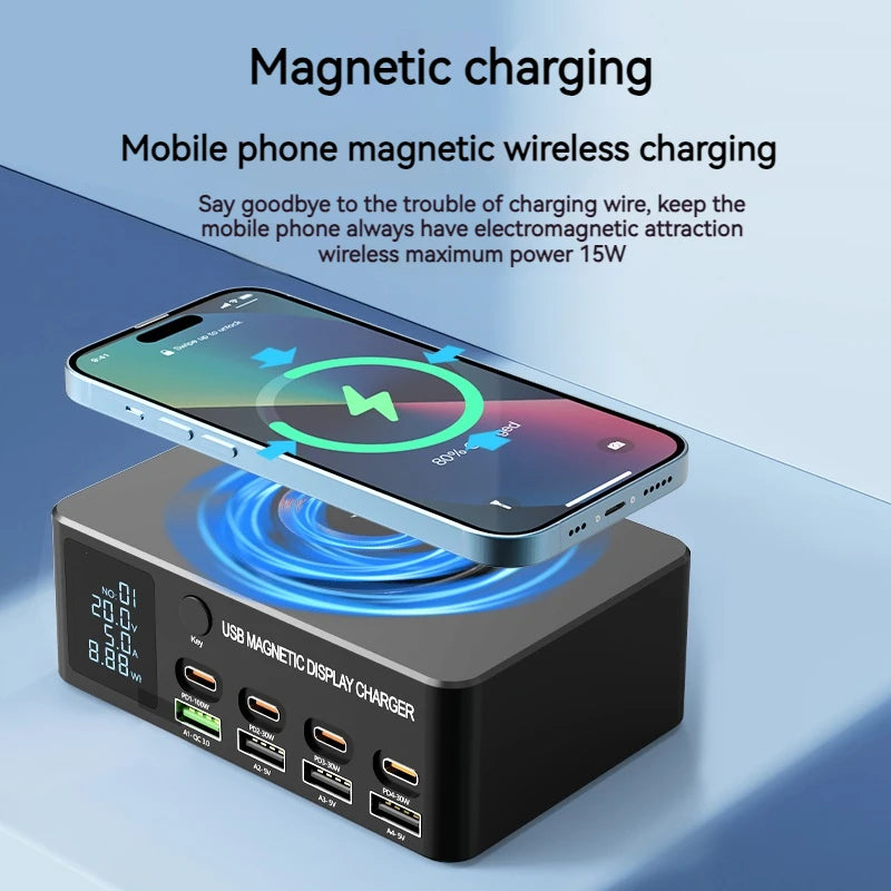 140W Multi 8 Port USB Charger With 15W Magnetic Wireless Charging PD 100WQC 3.0 LCD Display Station For Notebook Laptop Phone