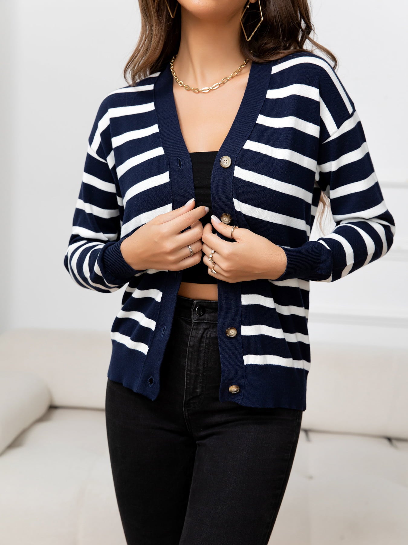 Striped Dropped Shoulder V-Neck Knit Top