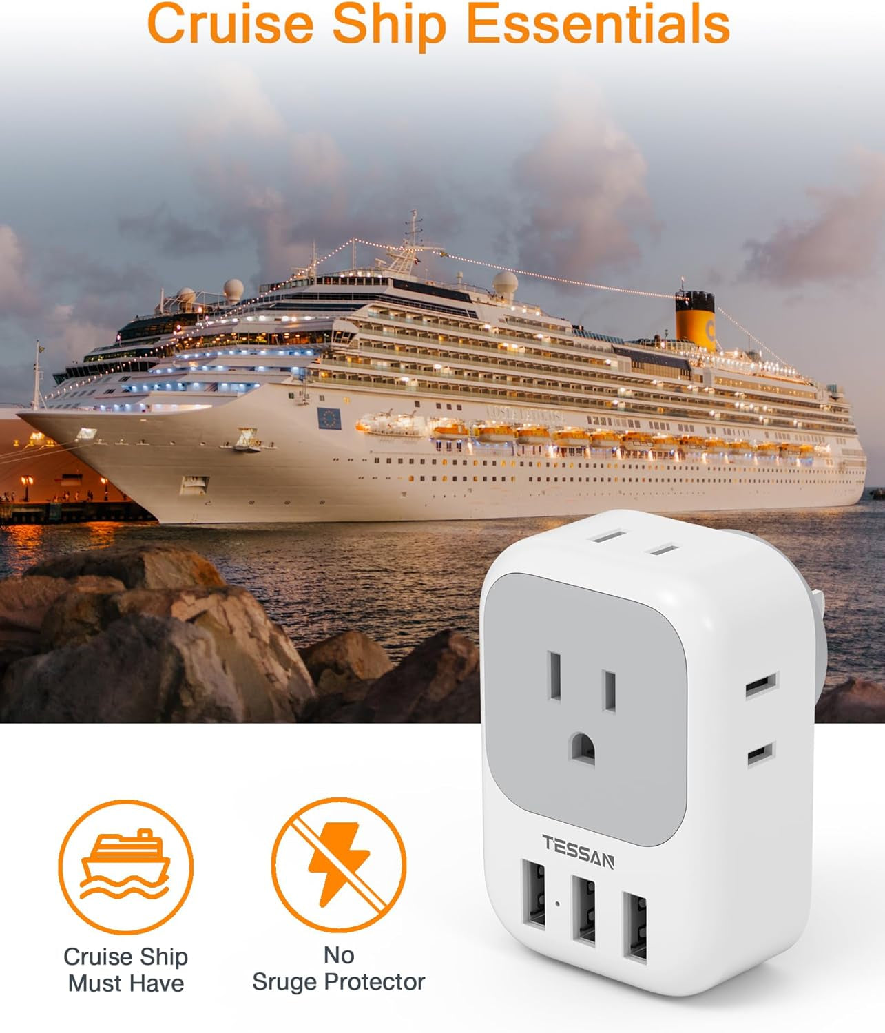 USB Charger Block with 3 USB Ports and 4-Outlet Splitter – Multi Plug Adapter for Travel, Cruise, Office, and Dorm Essentials