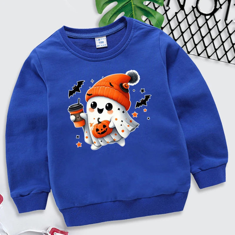 New Boys Girls Halloween Sweatshirts Kawaii Ghost Pumpkin Bat Coffee Print Long Sleeves Pullovers Autumn Cartoon Kids Clothing