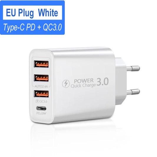 USB C Charger 60W Fast Charge Charger 4Ports PD TypeC Quick Charge3.0 Wall Power Adapter for iphone Xiaomi Samsung Phone Charger