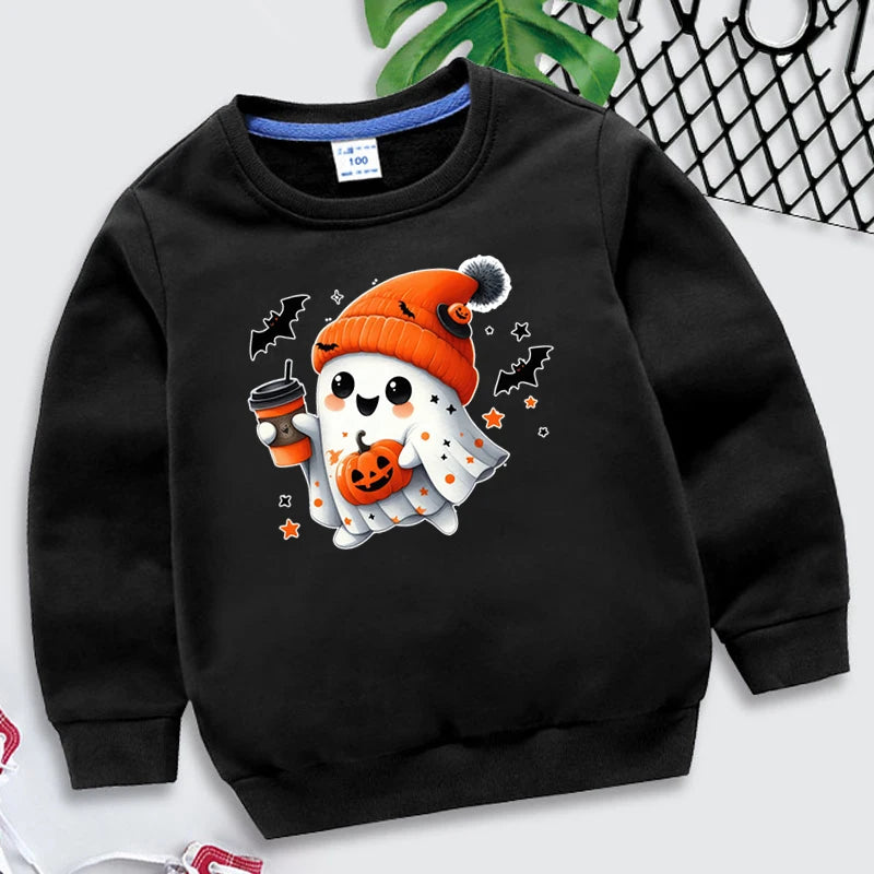 New Boys Girls Halloween Sweatshirts Kawaii Ghost Pumpkin Bat Coffee Print Long Sleeves Pullovers Autumn Cartoon Kids Clothing