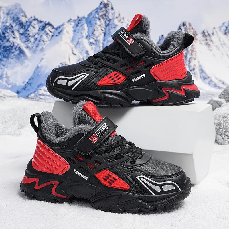 Winter Children Outdoor PU Upper Plush Warm Shoes Girls Fashion Kids Jogging Sneakers Toddler Snow Boots Boys Walking Trainers