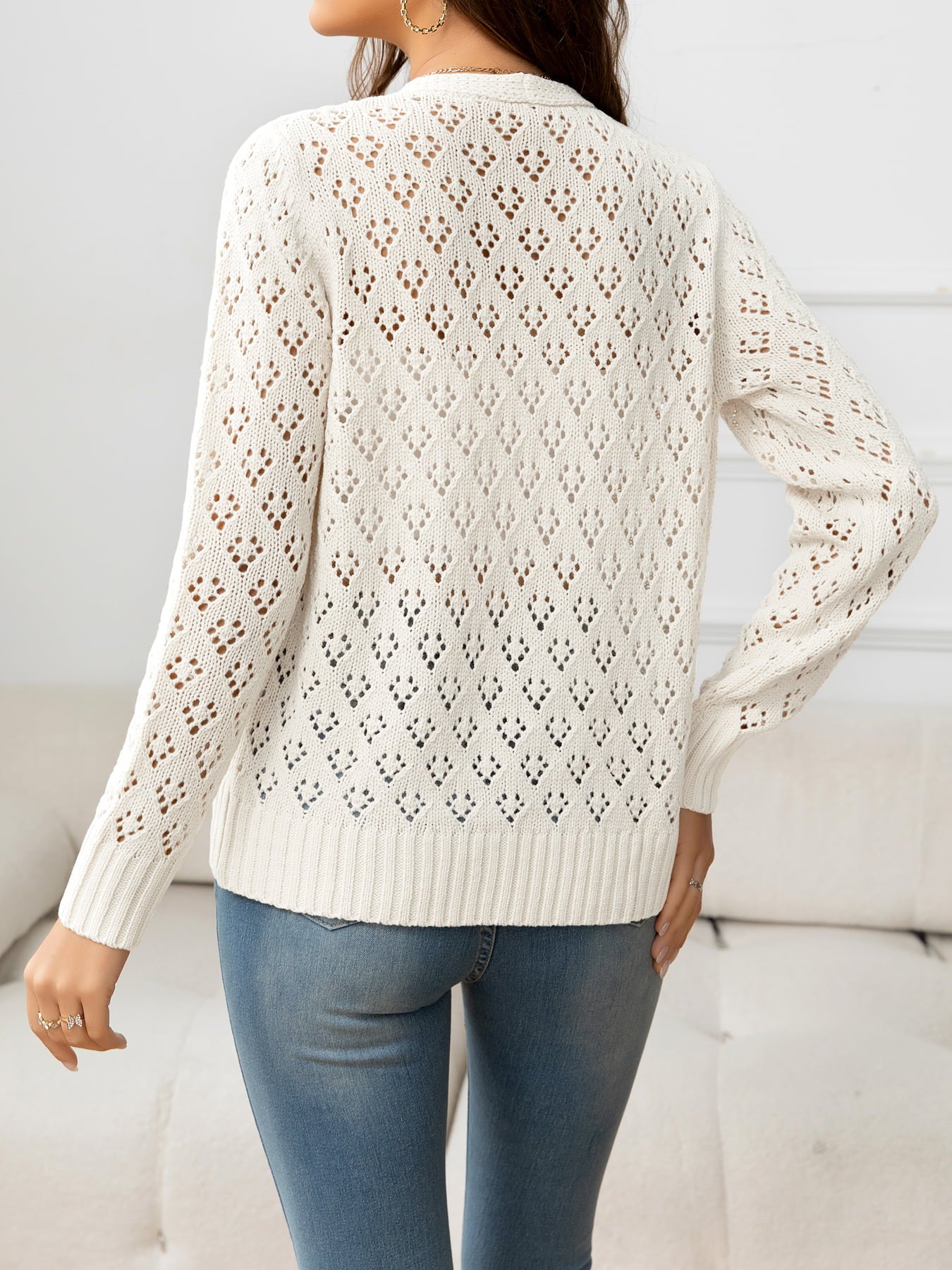 Openwork V-Neck Buttoned Knit Top